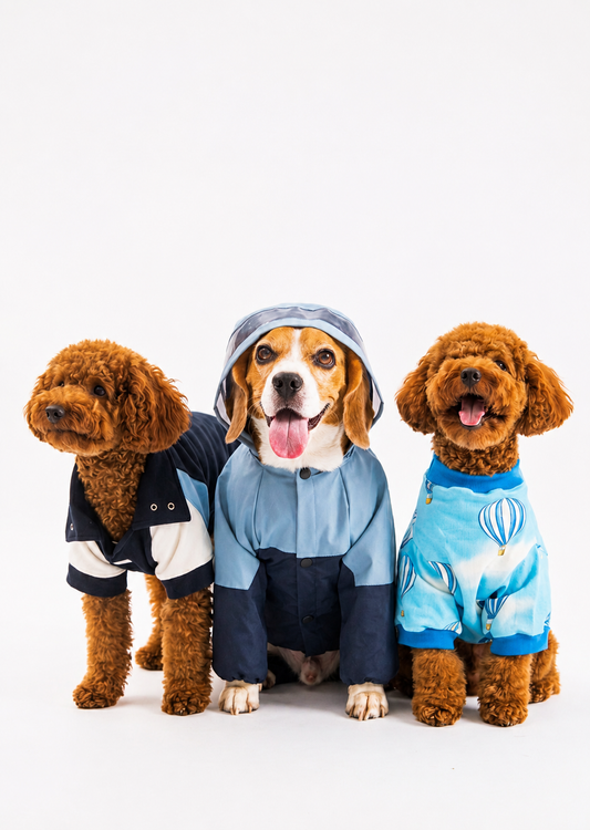 Sky Paws Pet Apparel Set | Raincoat, Polo Tee & Printed Summer T-Shirt